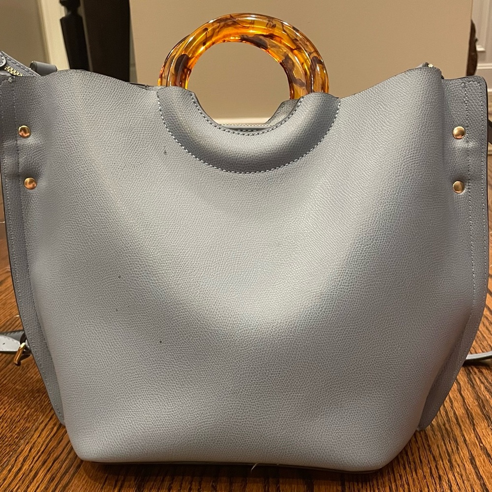 Blue Handbag with Tortoiseshell Handles and Crossbody Strap